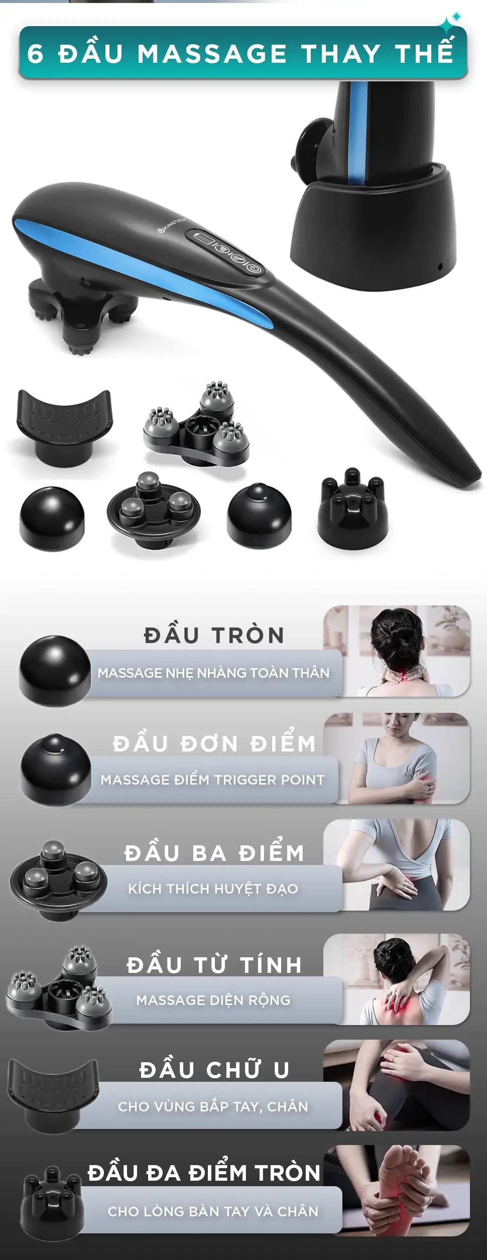 Bộ 6 đầu massage thay thế của máy KINGTECH LUX-900 gồm đầu tròn, đầu đơn điểm, đầu ba điểm, đầu từ tính, đầu chữ U và đầu đa điểm tròn