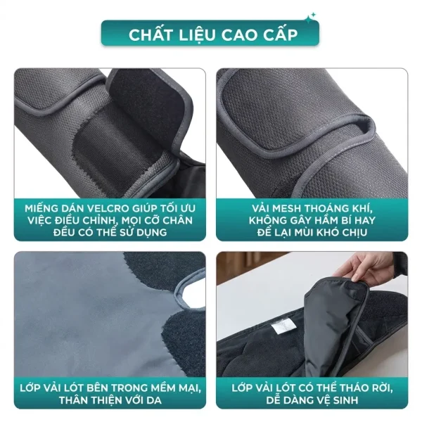 Máy massage chân KINGTECH ST-502B sử dụng vải mesh thoáng khí, miếng dán Velcro dễ điều chỉnh và lớp lót mềm có thể tháo rời