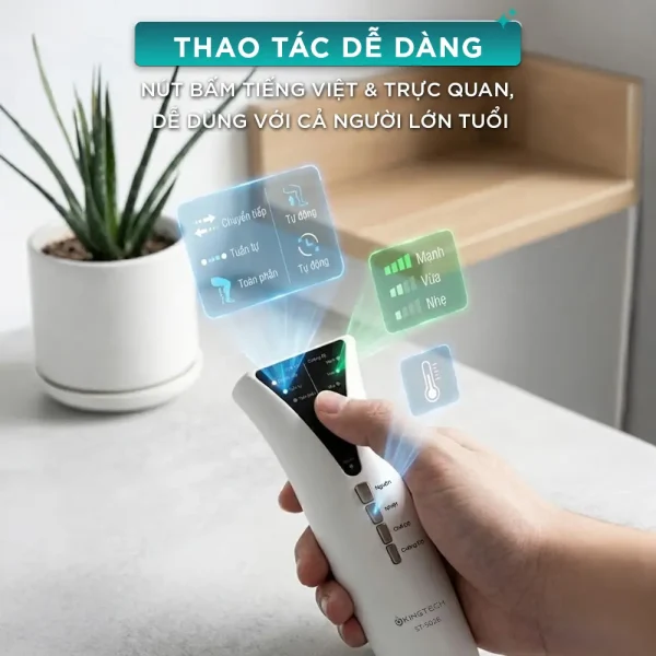 Điều khiển cầm tay máy massage chân KINGTECH ST-502B với nút bấm tiếng Việt trực quan, dễ sử dụng cho cả người lớn tuổi