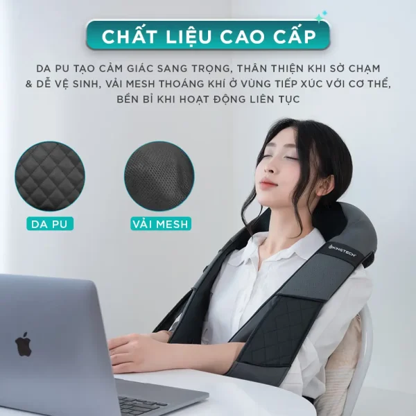 Máy massage cổ vai gáy KINGTECH KS-460S sử dụng da PU sang trọng và vải mesh thoáng khí, bền bỉ khi dùng lâu dài