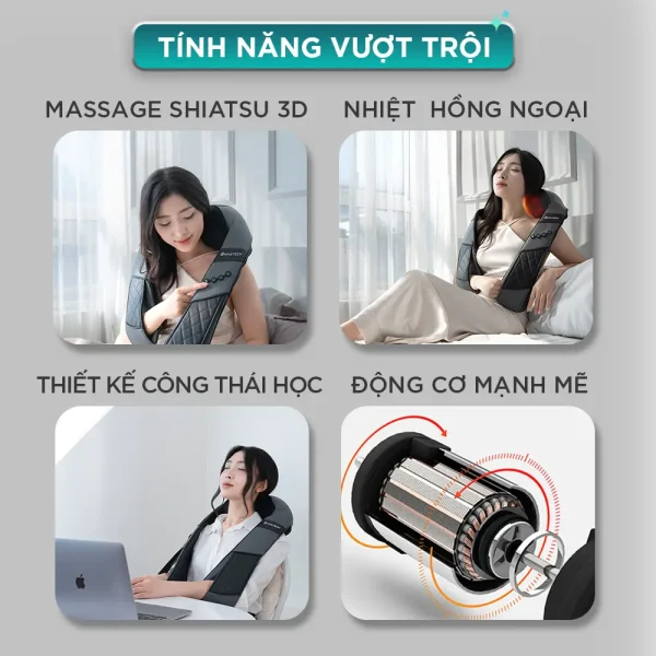 Tính năng vượt trội của máy massage cổ vai gáy KINGTECH KS-460S gồm massage Shiatsu 3D, nhiệt hồng ngoại, thiết kế công thái học và động cơ mạnh mẽ