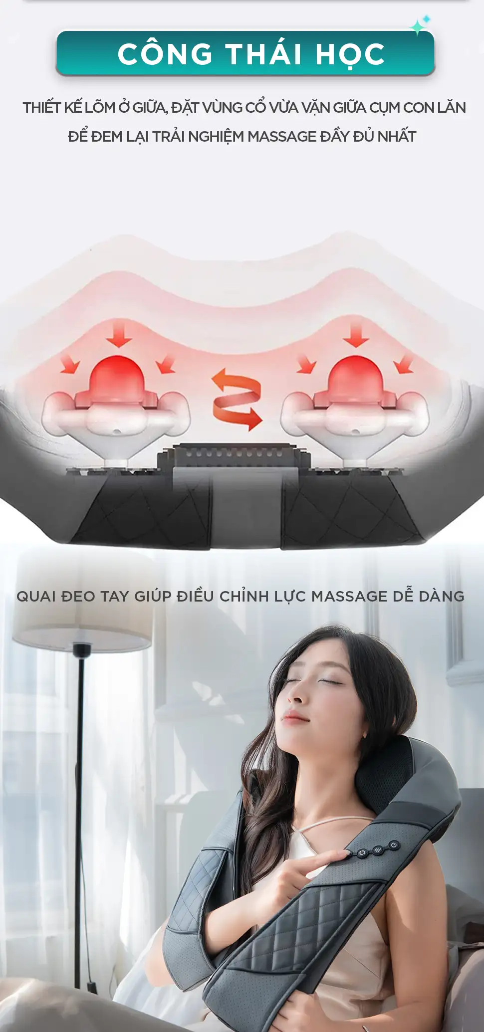 Máy massage cổ vai gáy KINGTECH KS-460S thiết kế công thái học ôm giữ vùng cổ vừa vặn, mang lại trải nghiệm massage đầy đủ