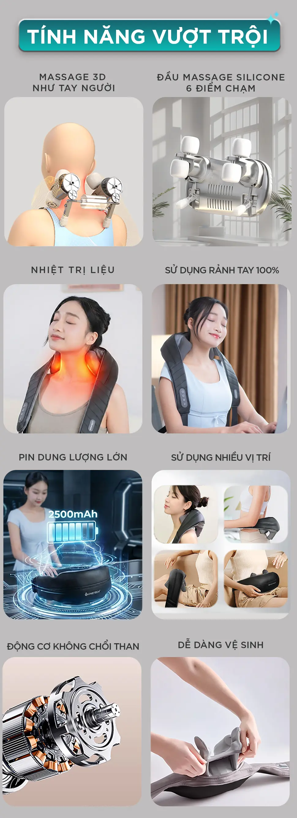 Tính năng vượt trội của máy massage cổ vai gáy KINGTECH S6 gồm massage 3D, nhiệt trị liệu, pin lớn và sử dụng rảnh tay
