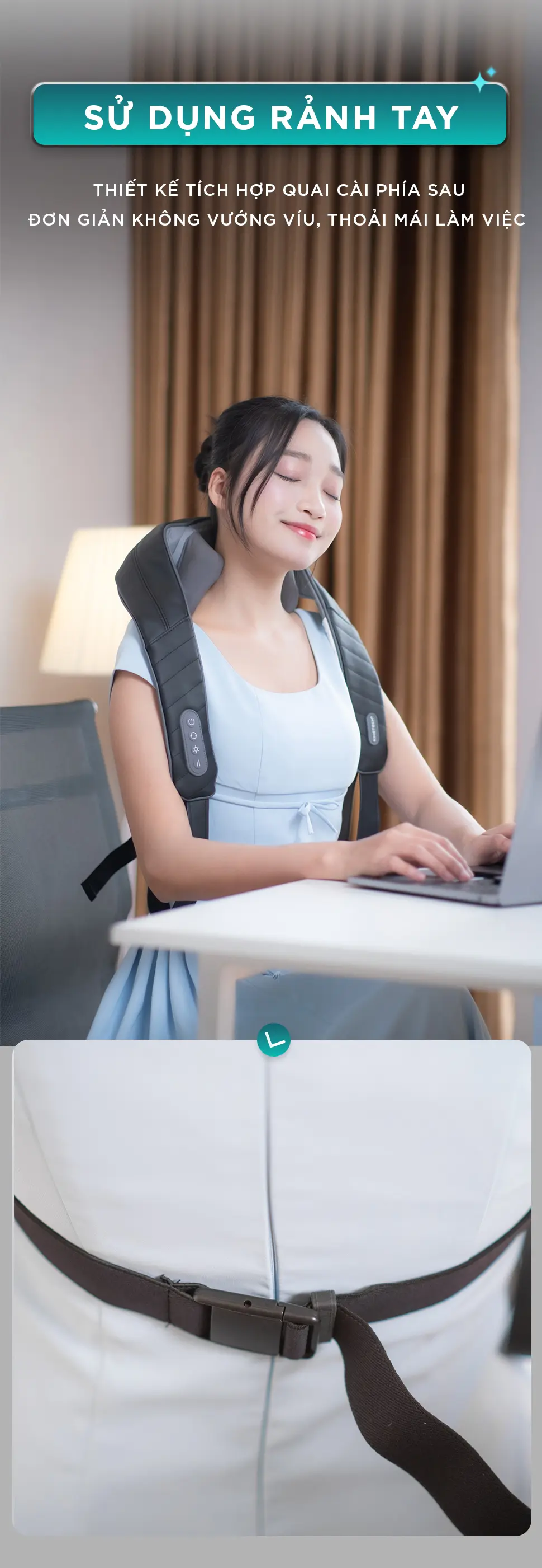 Máy massage cổ vai gáy KINGTECH S6 có quai cài phía sau giúp sử dụng rảnh tay khi làm việc