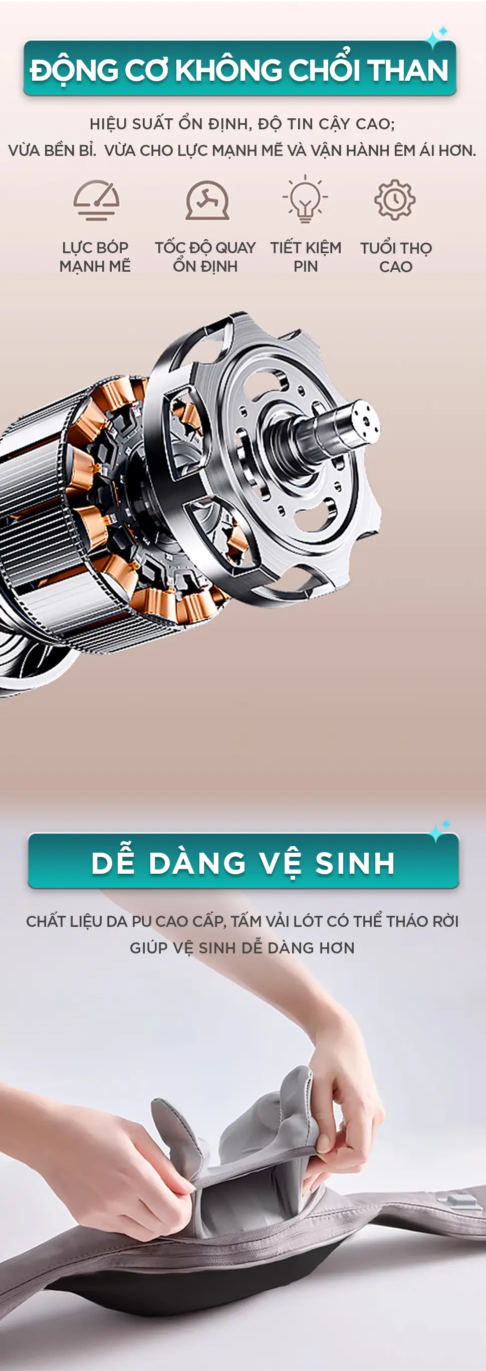 Máy massage cổ vai gáy KINGTECH S6 sử dụng động cơ không chổi than cho lực bóp mạnh, tốc độ ổn định và vận hành êm ái