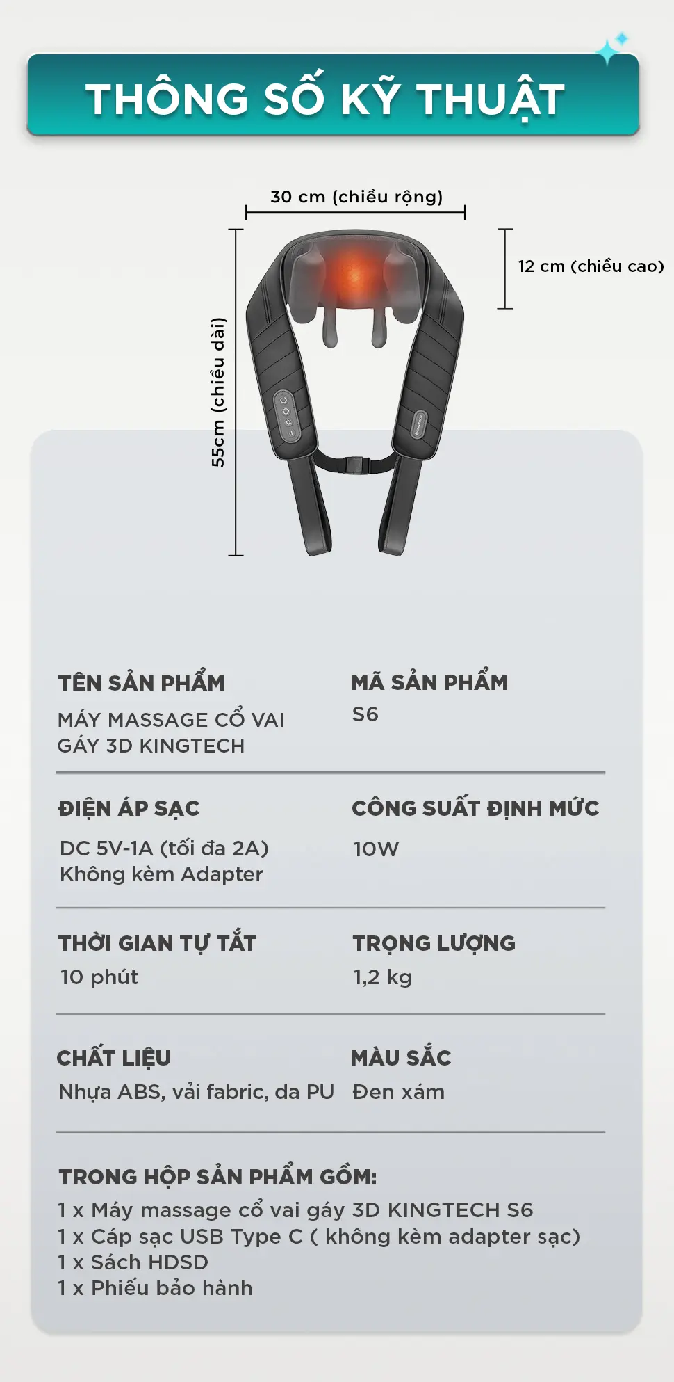 Thông số kỹ thuật máy massage cổ vai gáy KINGTECH S6