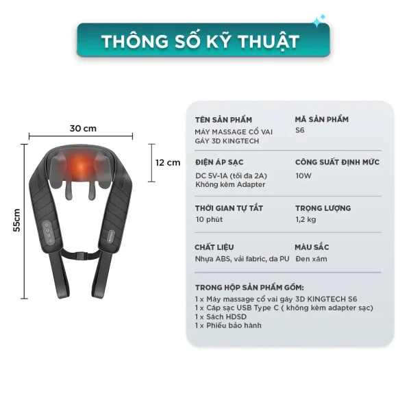 Thông số kỹ thuật máy massage cổ vai gáy KINGTECH S6