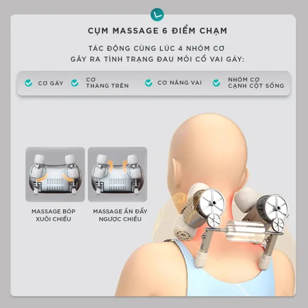 Máy massage cổ vai gáy KINGTECH S6 có cụm massage 6 điểm chạm tác động lên cổ gáy, cơ thang trên, cơ nâng vai và nhóm cơ cạnh cột sống
