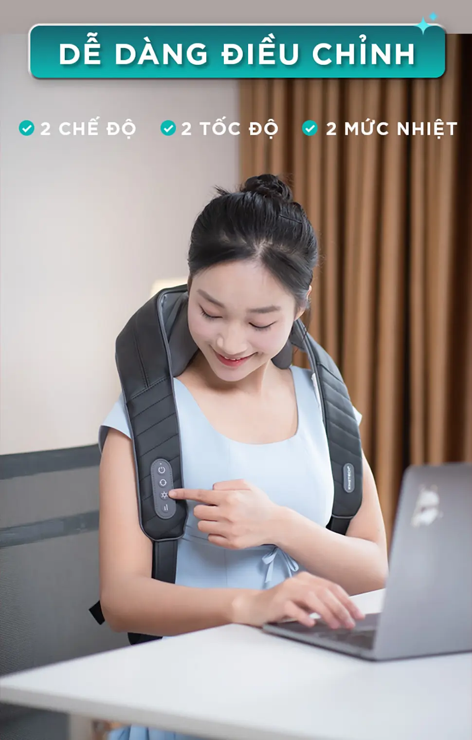 Máy massage cổ vai gáy KINGTECH S6 có 2 chế độ, 2 tốc độ và 2 mức nhiệt dễ dàng điều chỉnh khi sử dụng