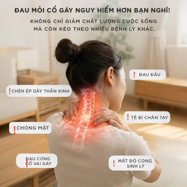 Đau mỏi cổ gáy có thể gây chèn ép dây thần kinh, đau đầu, chóng mặt, tê bì chân tay và mất độ cong sinh lý
