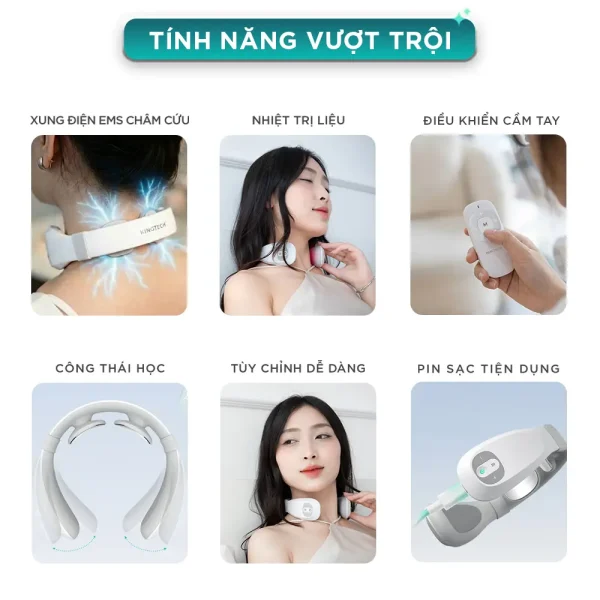 Tính năng vượt trội của máy massage cổ xung điện KINGTECH ST-304 gồm xung điện EMS, nhiệt trị liệu, điều khiển cầm tay, công thái học và pin sạc tiện dụng