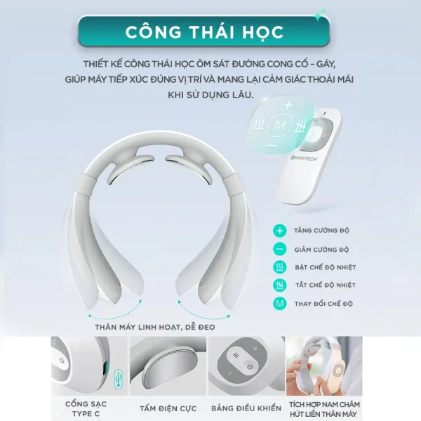 Máy massage cổ xung điện KINGTECH ST-304 thiết kế công thái học ôm sát đường cong cổ gáy và dễ sử dụng lâu