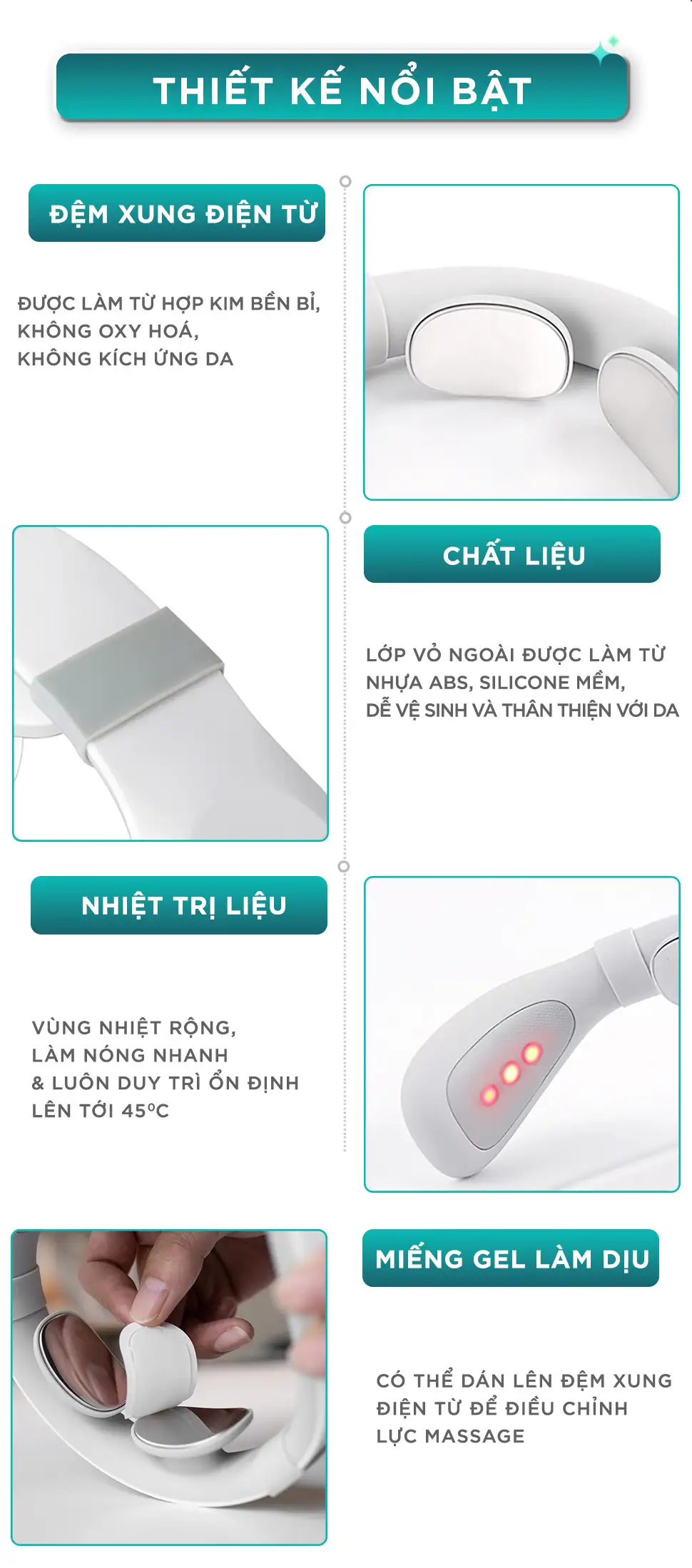 Thiết kế nổi bật của máy massage cổ xung điện KINGTECH ST-304 với đệm xung điện, nhiệt trị liệu, chất liệu mềm và miếng gel làm dịu
