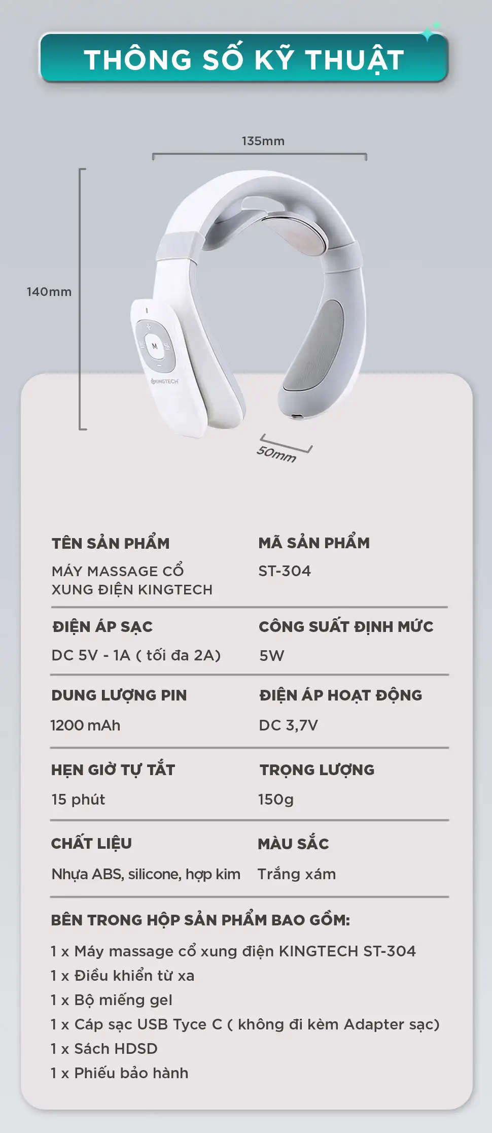 Thông số kỹ thuật máy massage cổ xung điện KINGTECH ST-304