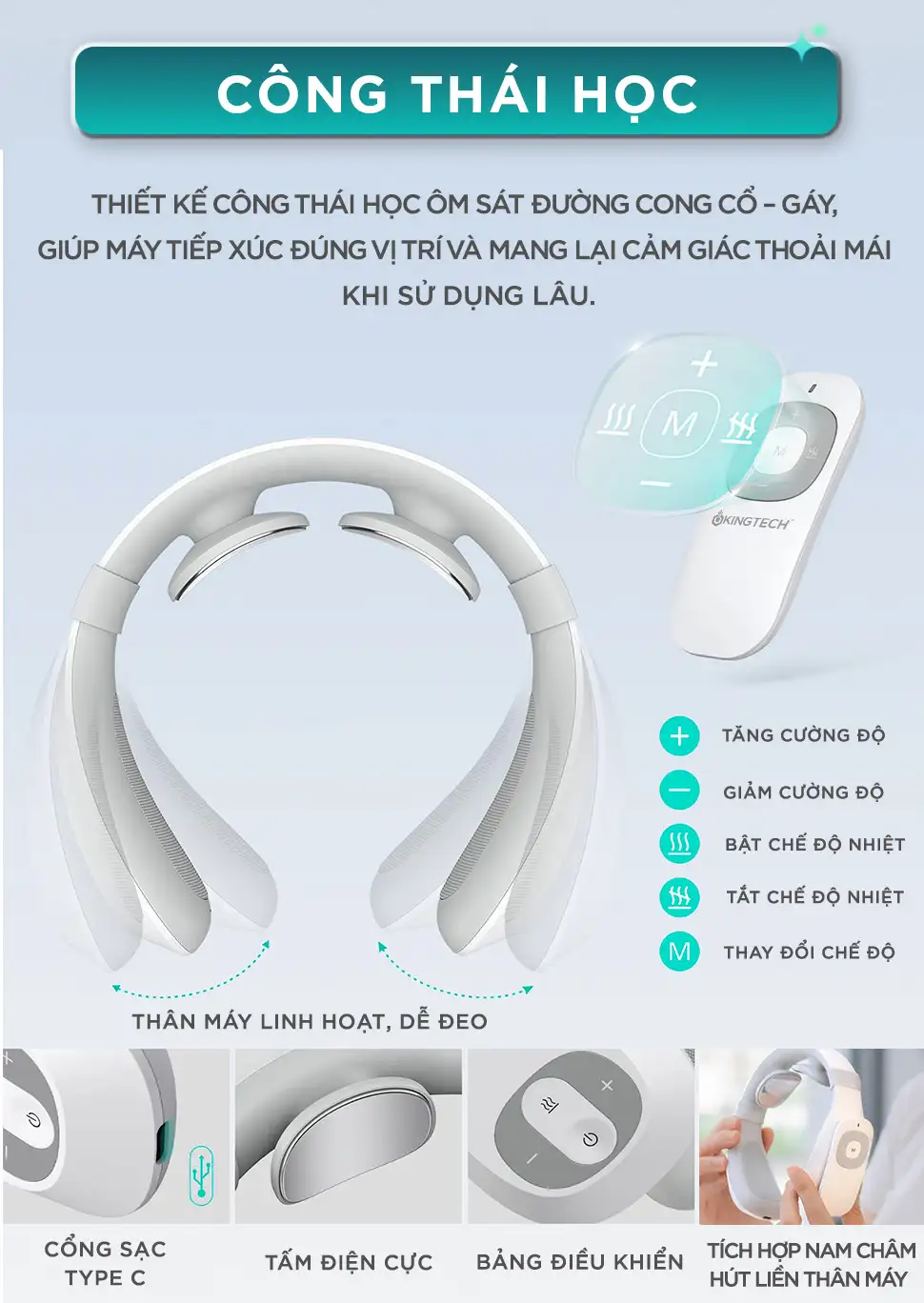 Máy massage cổ xung điện KINGTECH ST-304 thiết kế công thái học ôm sát đường cong cổ gáy và dễ sử dụng lâu