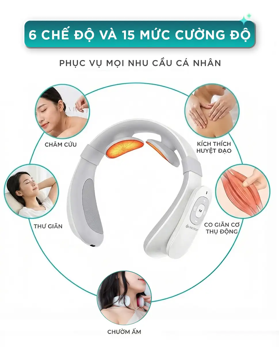 Máy massage cổ xung điện KINGTECH ST-304 có 6 chế độ và 15 mức cường độ phù hợp nhiều nhu cầu massage