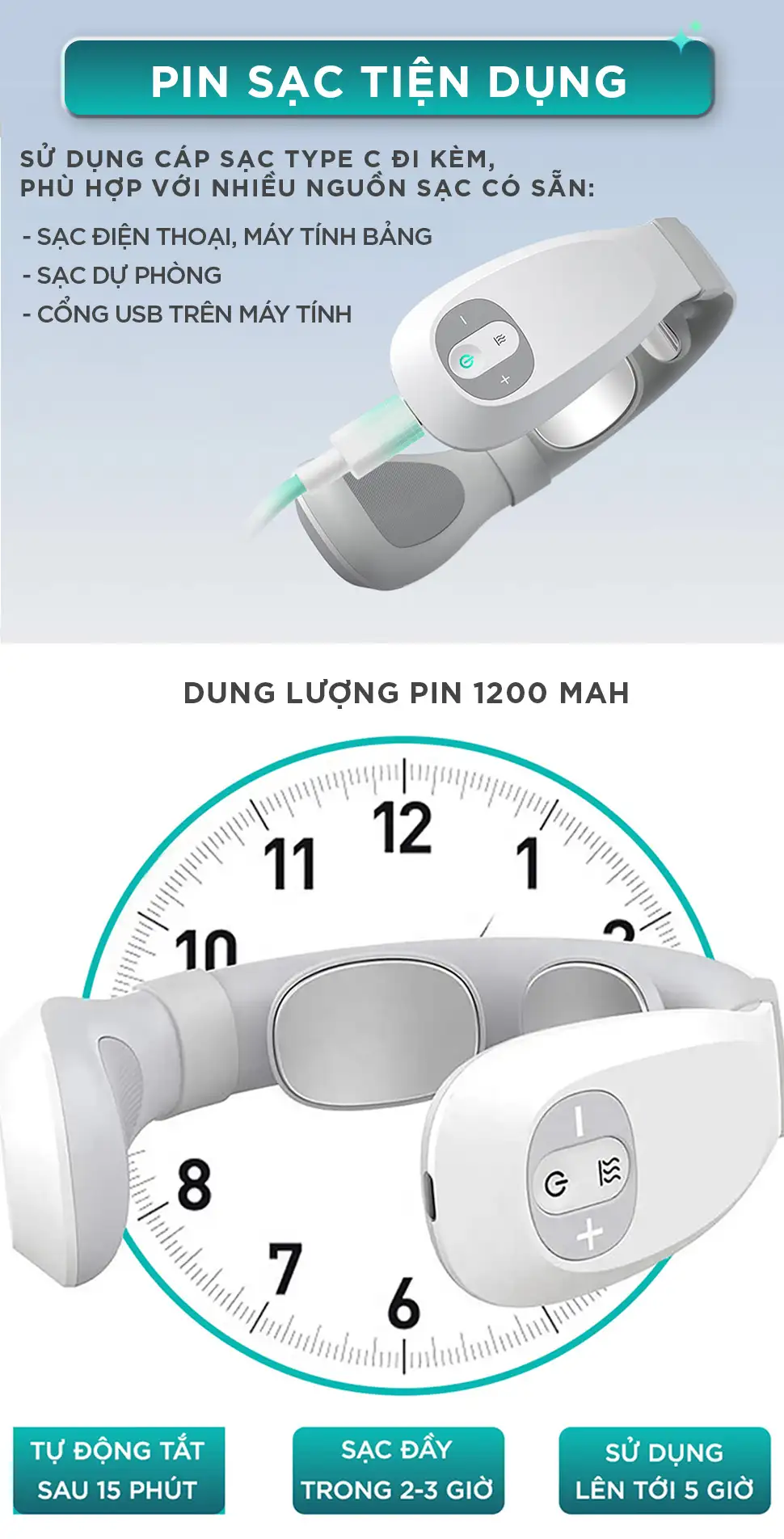 Máy massage cổ xung điện KINGTECH ST-304 dùng cáp sạc Type C, sạc đầy trong 2 đến 3 giờ và sử dụng lên tới 5 giờ