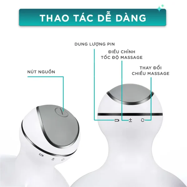 Máy massage đầu KINGTECH ST-701 có nút nguồn, đèn báo pin và nút điều chỉnh chế độ massage dễ sử dụng
