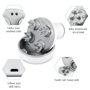 Chi tiết máy massage đầu KINGTECH ST-701 với trấu sạc không dây, đầu massage silicone, cổng sạc và thiết kế tháo rời