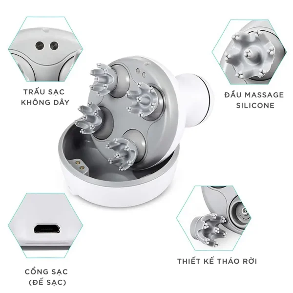 Chi tiết máy massage đầu KINGTECH ST-701 với trấu sạc không dây, đầu massage silicone, cổng sạc và thiết kế tháo rời