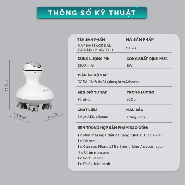 thông số kỹ thuật của Máy massage đầu cổ mặt đa năng KINGTECH ST-701