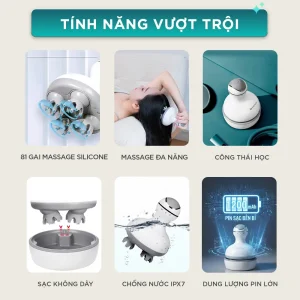 Tính năng vượt trội của máy massage đầu KINGTECH ST-701 gồm 81 gai silicone, massage đa năng, sạc không dây, chống nước IPX7 và pin lớn