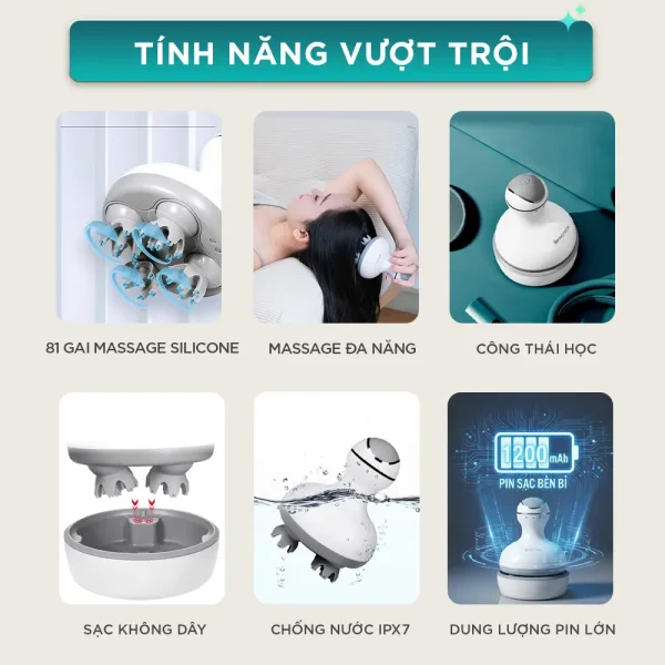 Tính năng vượt trội của máy massage đầu KINGTECH ST-701 gồm 81 gai silicone, massage đa năng, sạc không dây, chống nước IPX7 và pin lớn