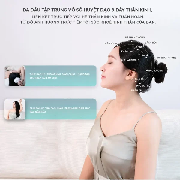 Sơ đồ huyệt đạo vùng đầu hỗ trợ thư giãn, giảm căng thẳng và thúc đẩy lưu thông máu khi massage da đầu