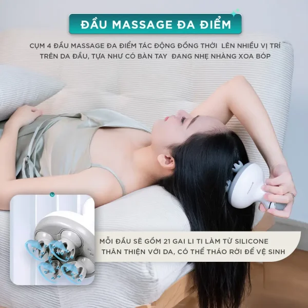 Máy massage đầu KINGTECH ST-701 với cụm 4 đầu massage đa điểm tác động đồng thời lên nhiều vị trí da đầu