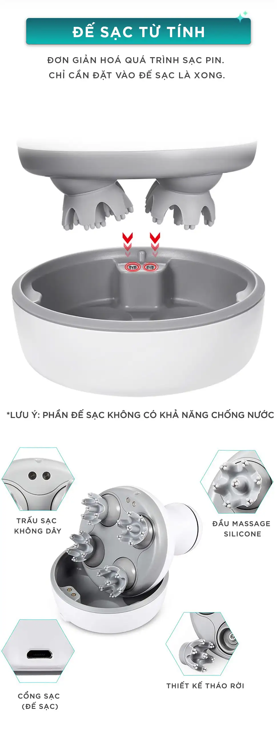 Máy Massage Đầu Cầm Tay KINGTECH ST-701 sử dụng đế sạc từ tính tiện lợi, chỉ cần đặt máy vào đế để sạc