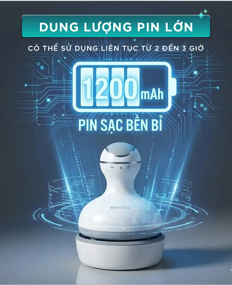 Máy Massage Đầu Cầm Tay KINGTECH ST-701 có pin sạc 1200mAh, sử dụng liên tục từ 2 đến 3 giờ