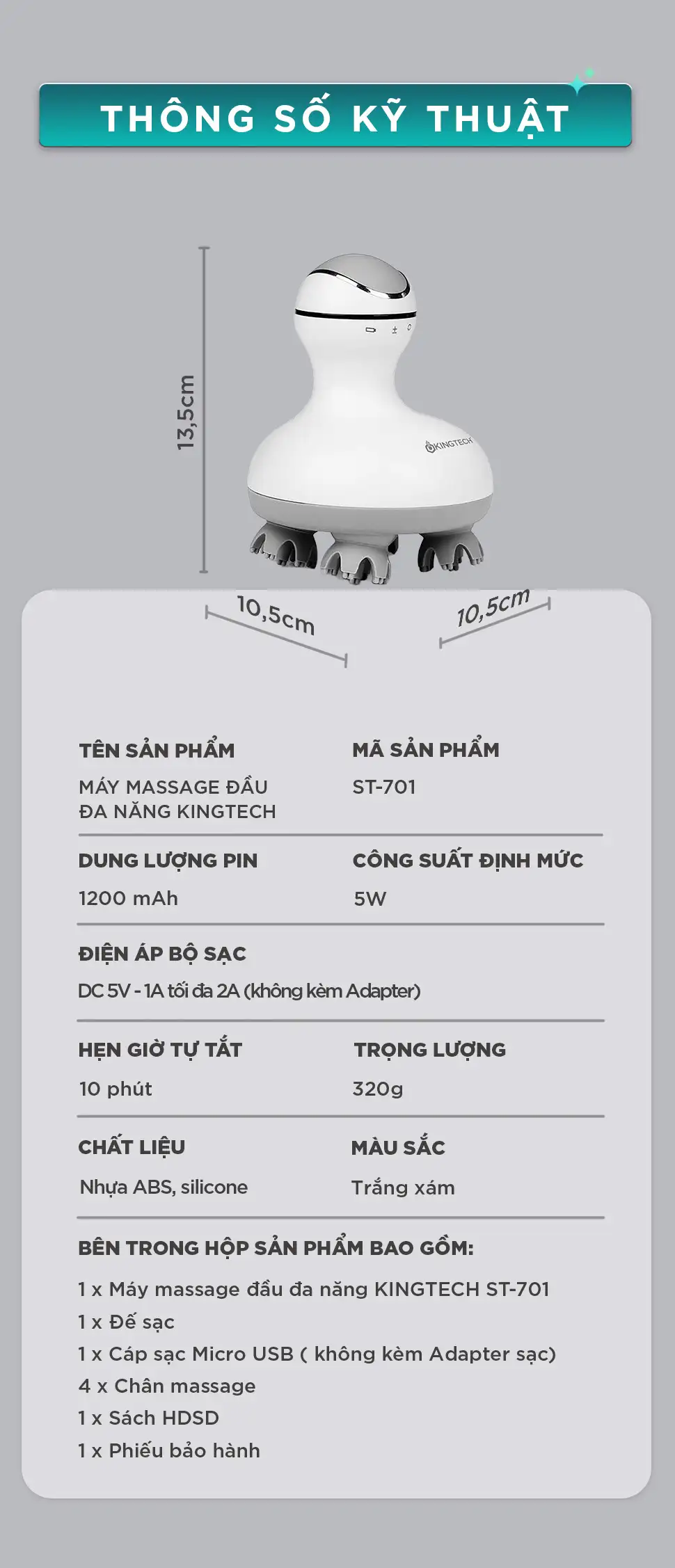 thông số kỹ thuật của Máy Massage Đầu Cầm Tay KINGTECH ST-701