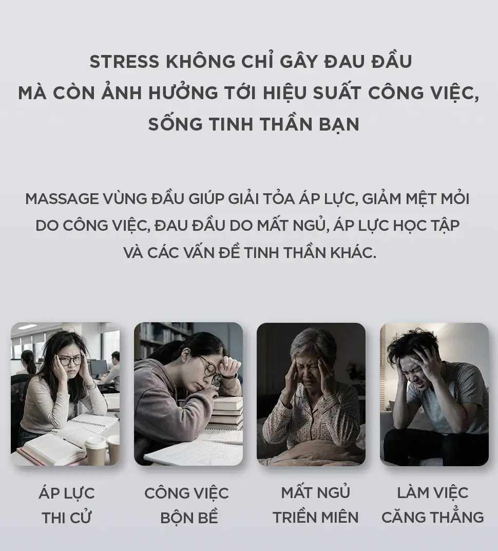 Các nguyên nhân gây đau đầu và căng thẳng như áp lực thi cử, công việc bận rộn, mất ngủ và làm việc căng thẳng