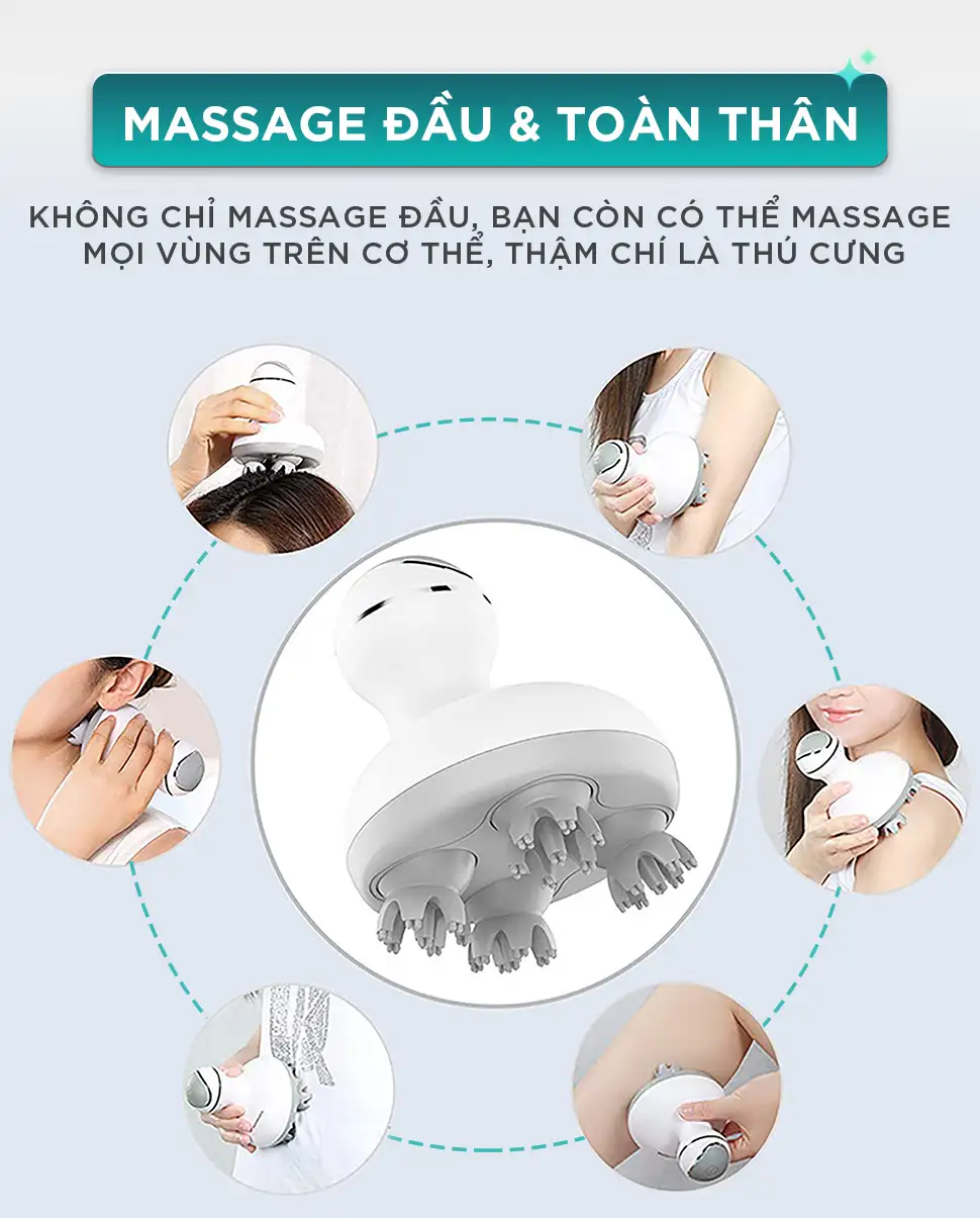 Máy Massage Đầu Cầm Tay KINGTECH ST-701 có thể massage da đầu, cổ vai gáy, cánh tay, vai, lưng và chân