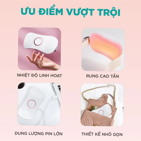 Ưu điểm nổi bật của máy massage giảm đau bụng kinh KINGTECH KS-220 gồm nhiệt độ linh hoạt, rung cao tần, pin lớn và thiết kế nhỏ gọn