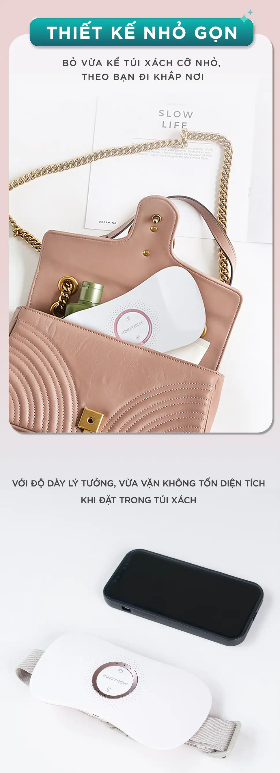 Máy massage giảm đau bụng kinh KINGTECH KS-220 có thiết kế nhỏ gọn dễ mang theo trong túi xách