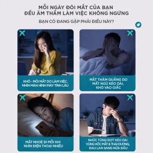 Các vấn đề thường gặp khi mỏi mắt như khô mắt, thâm quầng, khó ngủ và nhức vùng hốc mắt do dùng thiết bị điện tử nhiều
