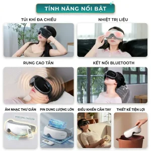 Các tính năng nổi bật của máy massage mắt KINGTECH KY-925 gồm túi khí đa chiều, nhiệt trị liệu, rung cao tần, Bluetooth, pin lớn và điều khiển cầm tay