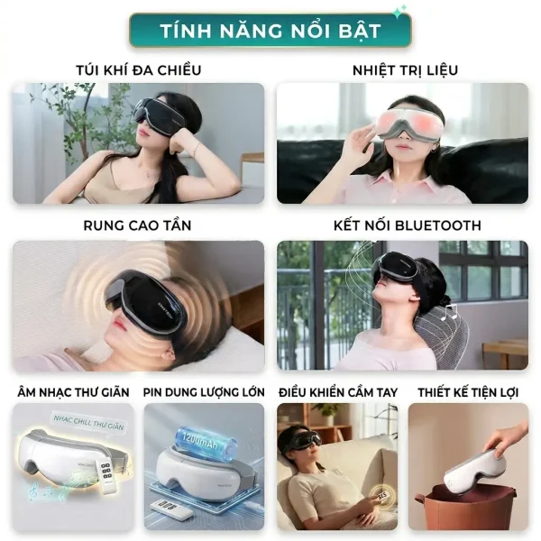 Các tính năng nổi bật của máy massage mắt KINGTECH KY-925 gồm túi khí đa chiều, nhiệt trị liệu, rung cao tần, Bluetooth, pin lớn và điều khiển cầm tay