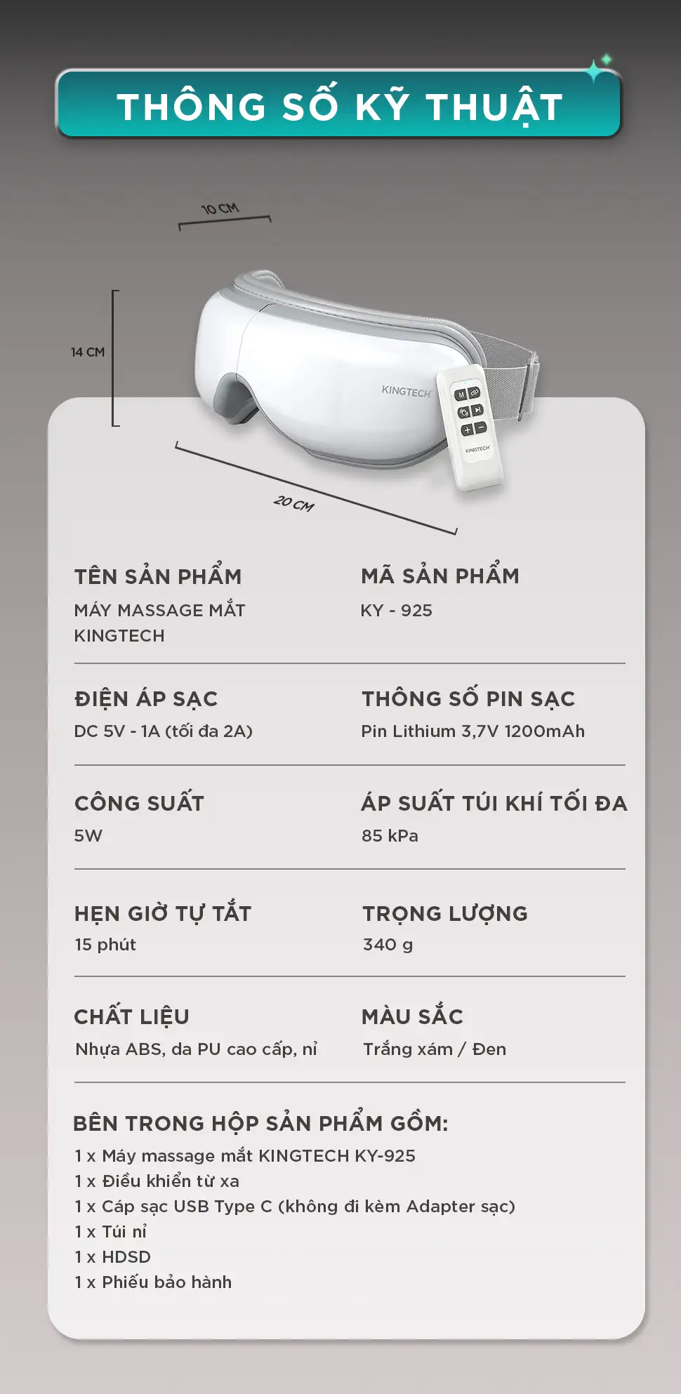 thông số kỹ thuật của máy massage thái dương KINGTECH KY-925