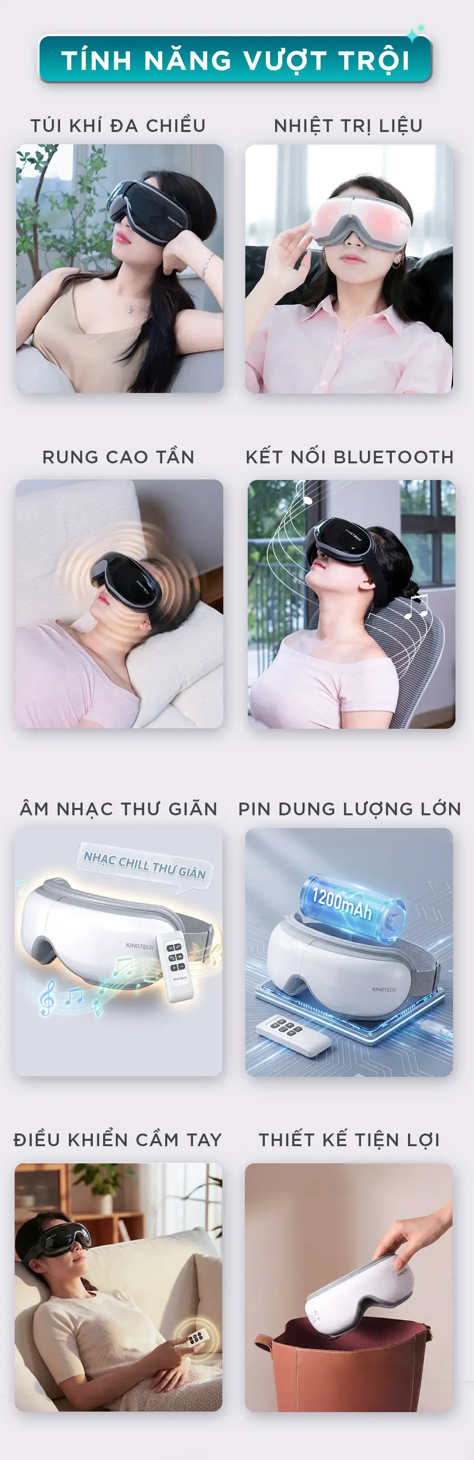 Các tính năng nổi bật của máy massage mắt KINGTECH KY-925 gồm túi khí đa chiều, nhiệt trị liệu, rung cao tần, Bluetooth, pin lớn và điều khiển cầm tay