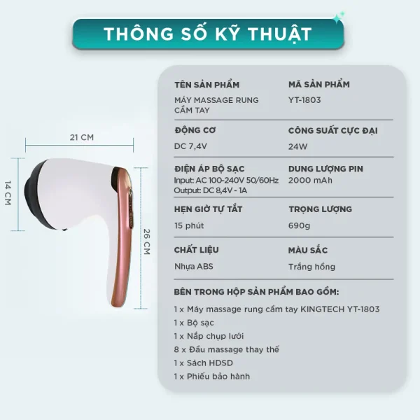 Thông số kỹ thuật máy massage rung cầm tay KINGTECH YT-1803
