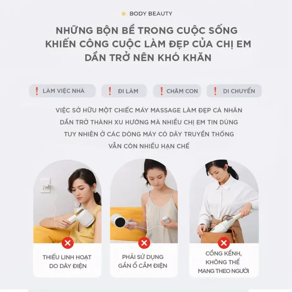 "Máy massage làm đẹp cá nhân có dây gây bất tiện khi sử dụng do thiếu linh hoạt, phải cắm điện và khó mang theo