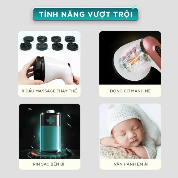 Tính năng vượt trội của máy massage rung cầm tay KINGTECH YT-1803 gồm 8 đầu massage thay thế, động cơ mạnh mẽ, pin bền bỉ và vận hành êm ái