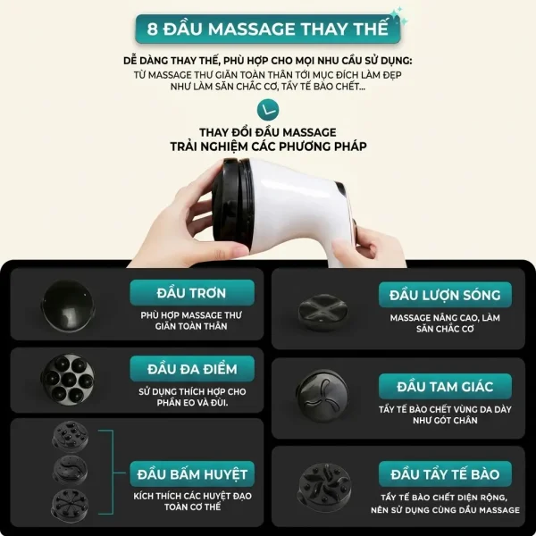 Bộ 8 đầu massage thay thế của máy KINGTECH YT-1803 hỗ trợ massage thư giãn, làm săn chắc cơ, kích thích huyệt đạo và tẩy tế bào chết