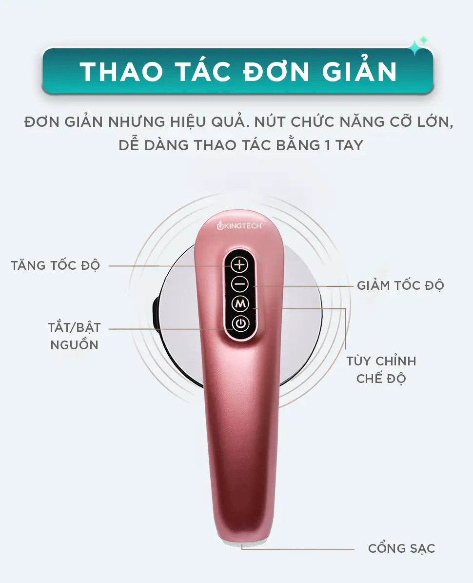 Máy massage rung cầm tay KINGTECH YT-1803 có nút điều khiển lớn, dễ tăng giảm tốc độ, tùy chỉnh chế độ và bật tắt bằng một tay