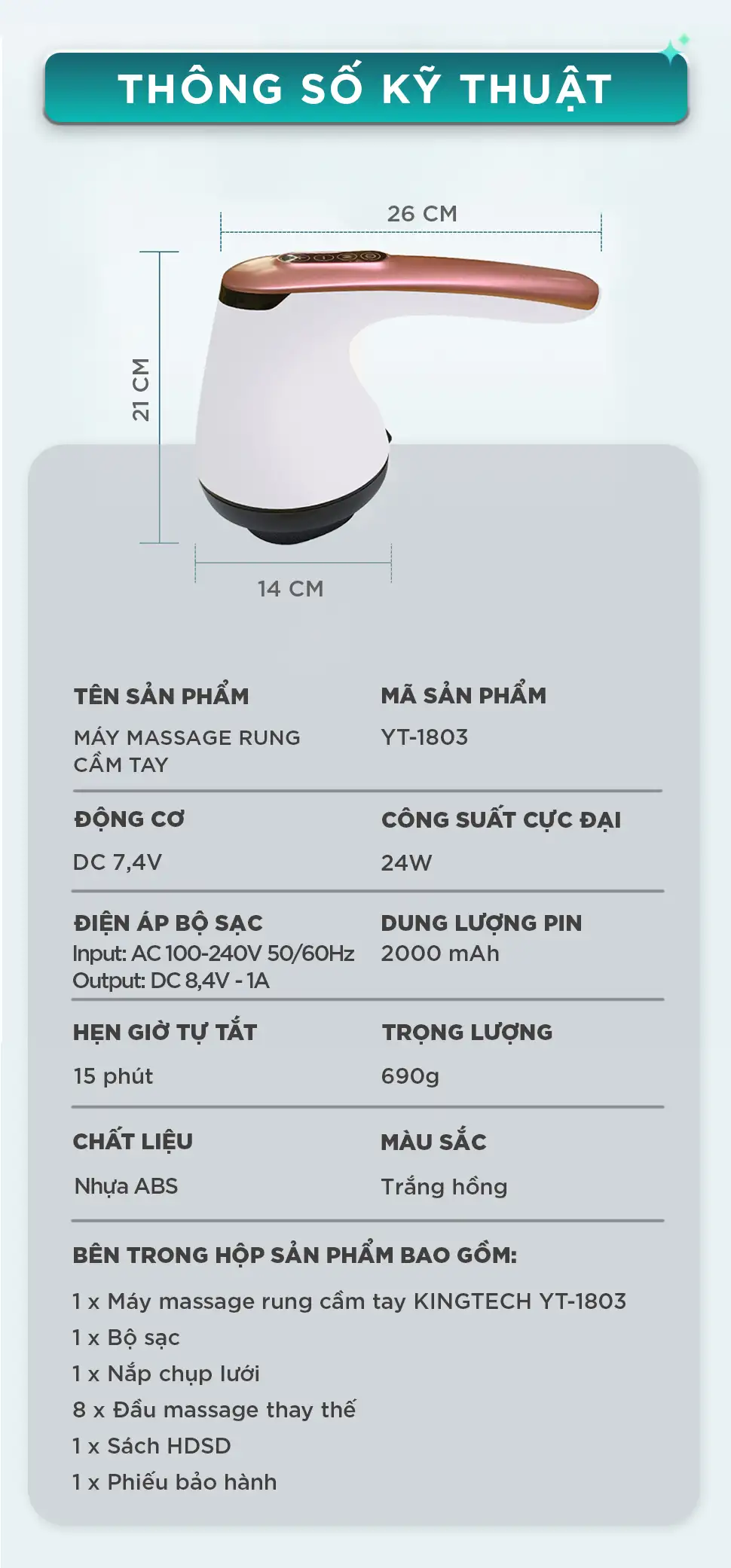 Thông số kỹ thuật máy massage rung cầm tay KINGTECH YT-1803