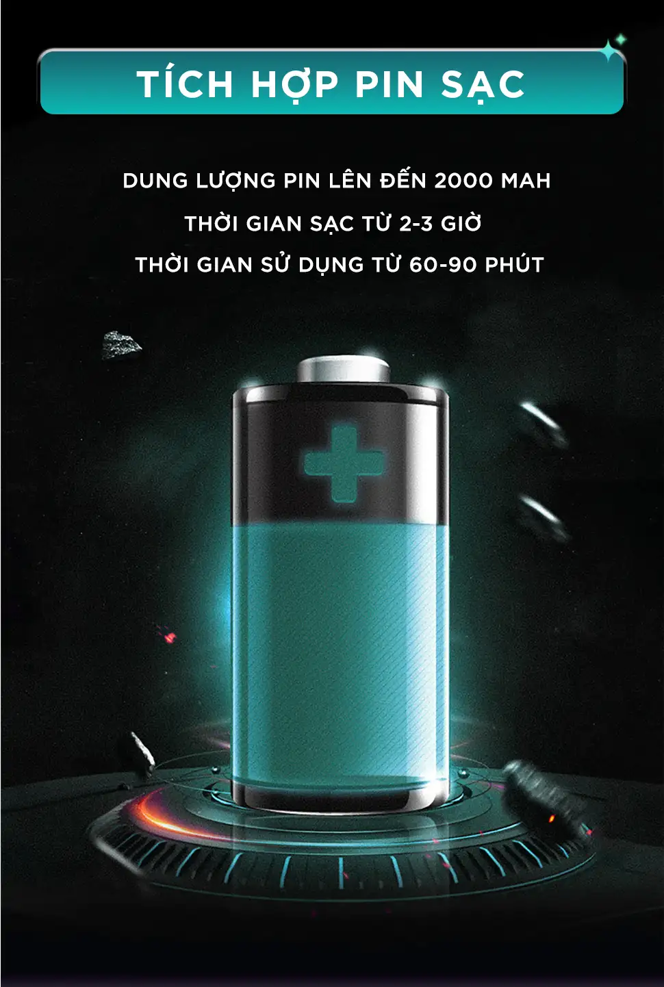 Máy massage rung cầm tay KINGTECH YT-1803 tích hợp pin 2000mAh, sạc trong 2 đến 3 giờ và sử dụng từ 60 đến 90 phút