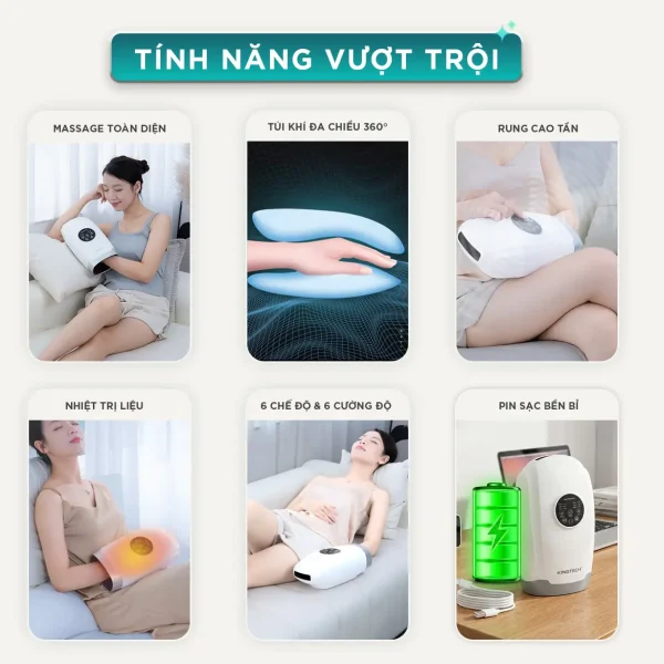 Máy Massage tay Chuyên Sâu KINGTECH KH-690 Tính năng vượt trội của máy massage tay KINGTECH gồm massage toàn diện, túi khí 360 độ, rung cao tần, nhiệt trị liệu, 6 chế độ và pin sạc bền bỉ
