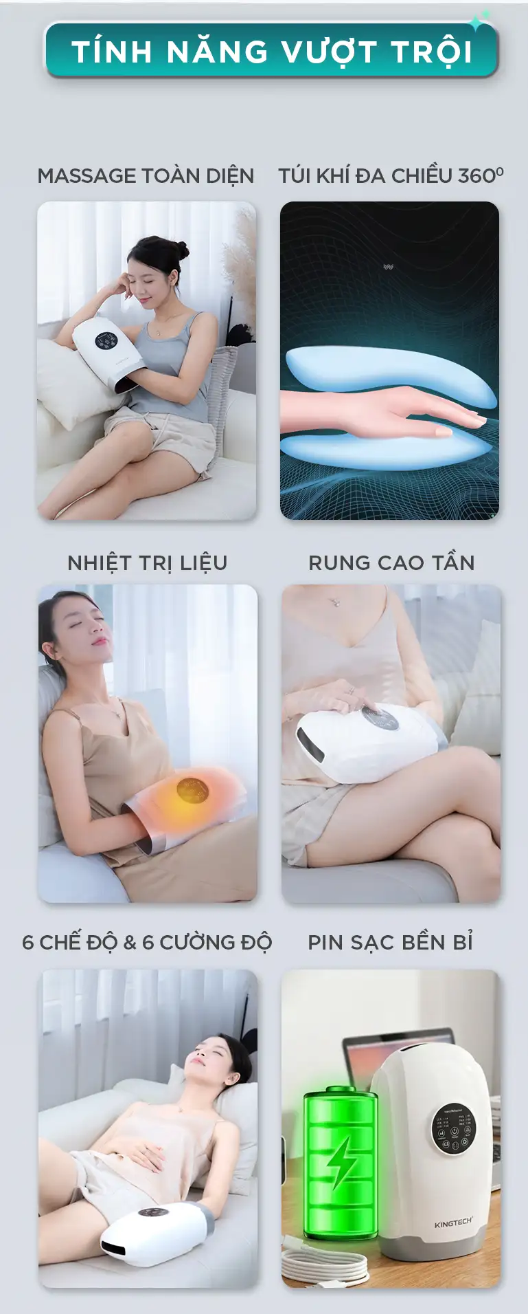 Các tính năng vượt trội của máy massage tay KINGTECH KH-690 gồm massage toàn diện, túi khí 360 độ, nhiệt trị liệu, rung cao tần và pin bền bỉ
